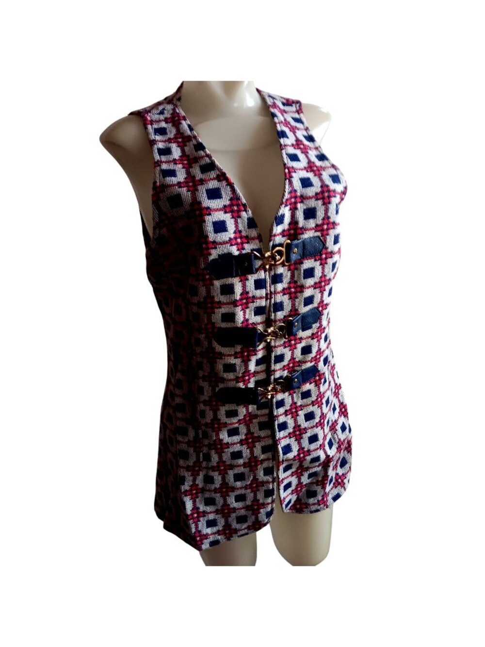True Vintage Vest Large 1960's Sleeveless Long Hook Eye Closure Geometric Mod